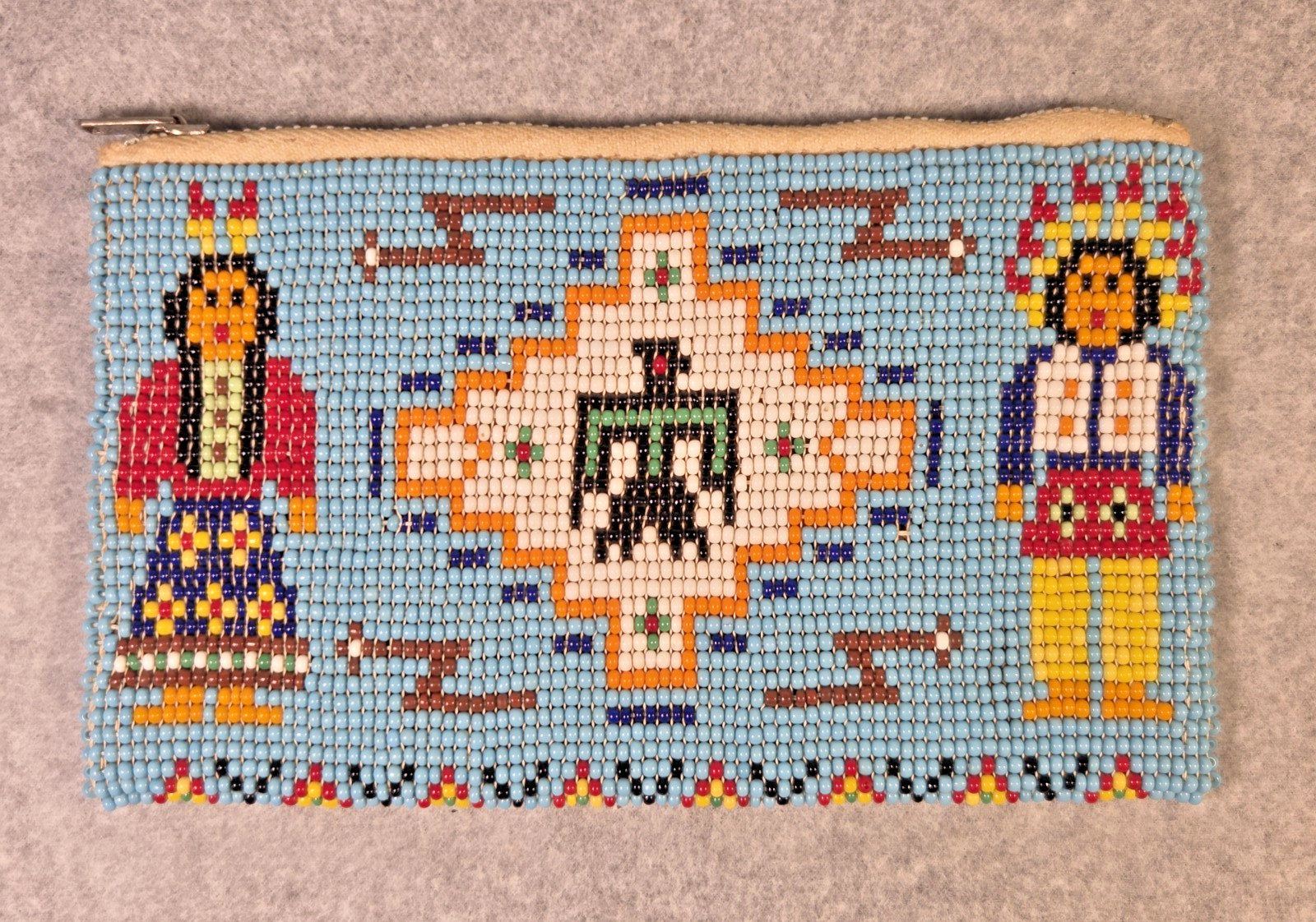 Vintage Native American Beaded Clutch Wallet Leather Lined Thunderbird Pictorial