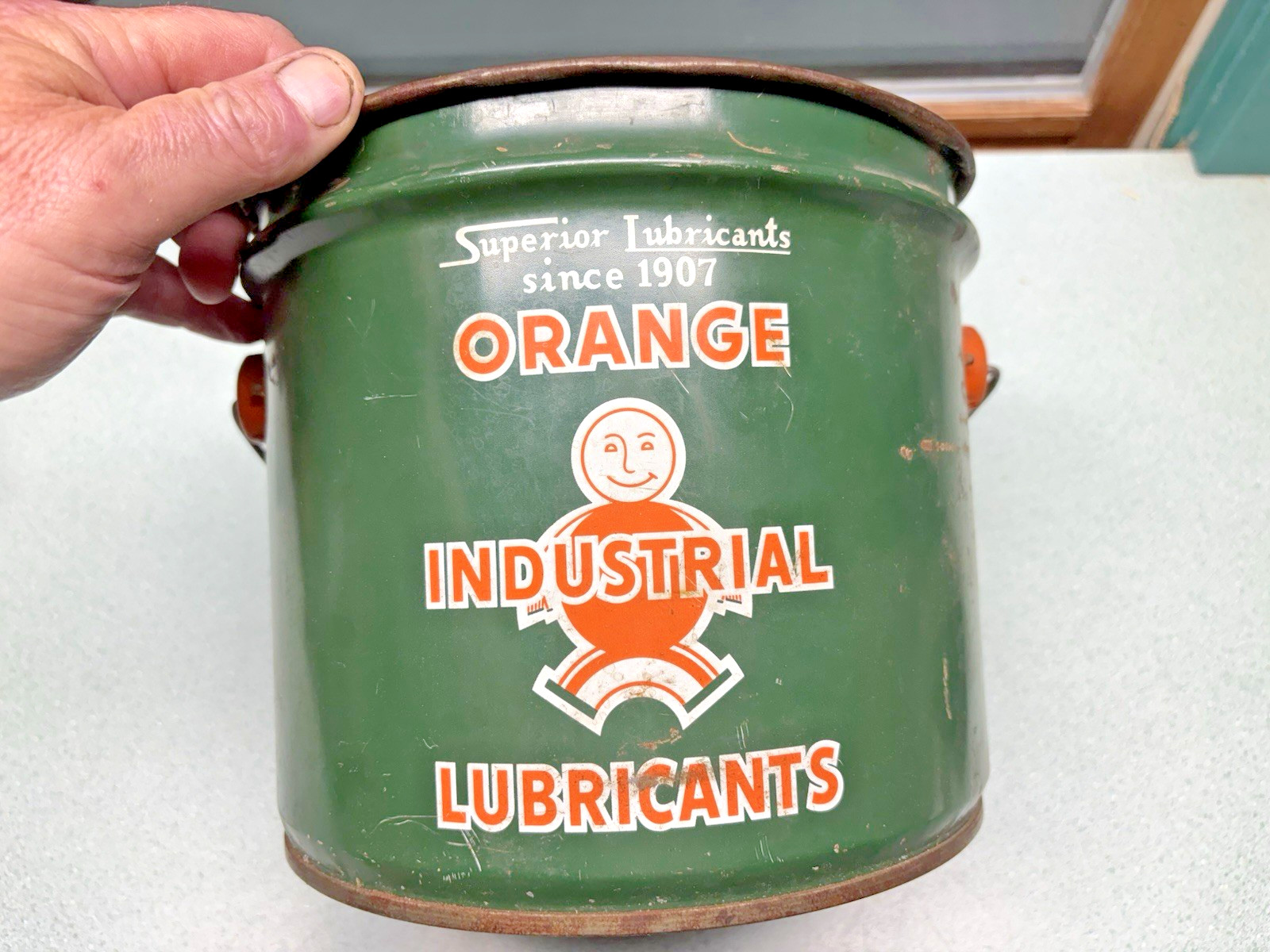 RARE Vintage Oil Grease Can Orange Industrial Superior Lubrication ten pds pail RARE Vintage Oil Grease Can Orange Industrial Superior Lubrication ten pds pail