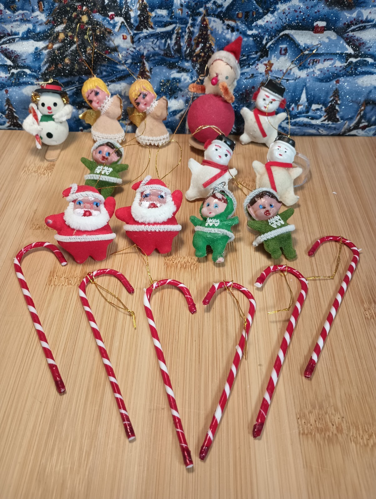 18 Vintage Christmas Ornaments Flocked Santa Elves Angel Snowman And Candy Canes 18 Vintage Christmas Ornaments Flocked Santa Elves Angel Snowman And Candy Canes