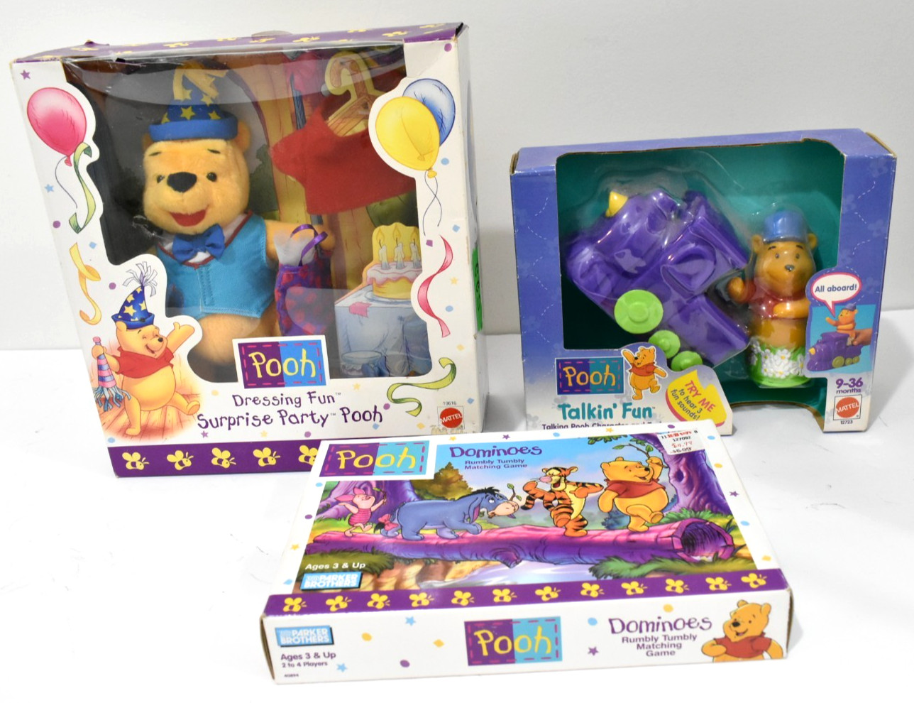New Mattel Lot Of 3 Pooh Toys Talkin Fun With Train, Dominoes, Dressing Fun New Mattel Lot Of 3 Pooh Toys Talkin Fun With Train, Dominoes, Dressing Fun