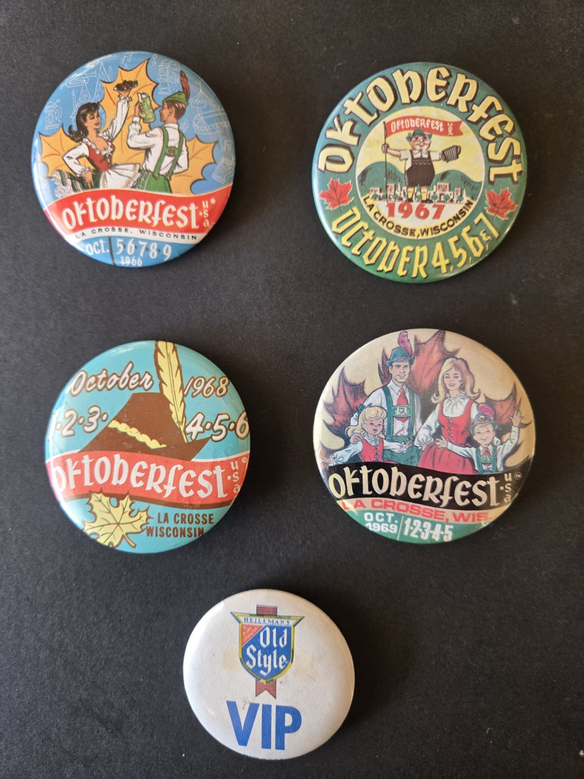 Oktoberfest La Crosse Wis. Original Annual Pinback Buttons 1966 - 69 Lot (5)