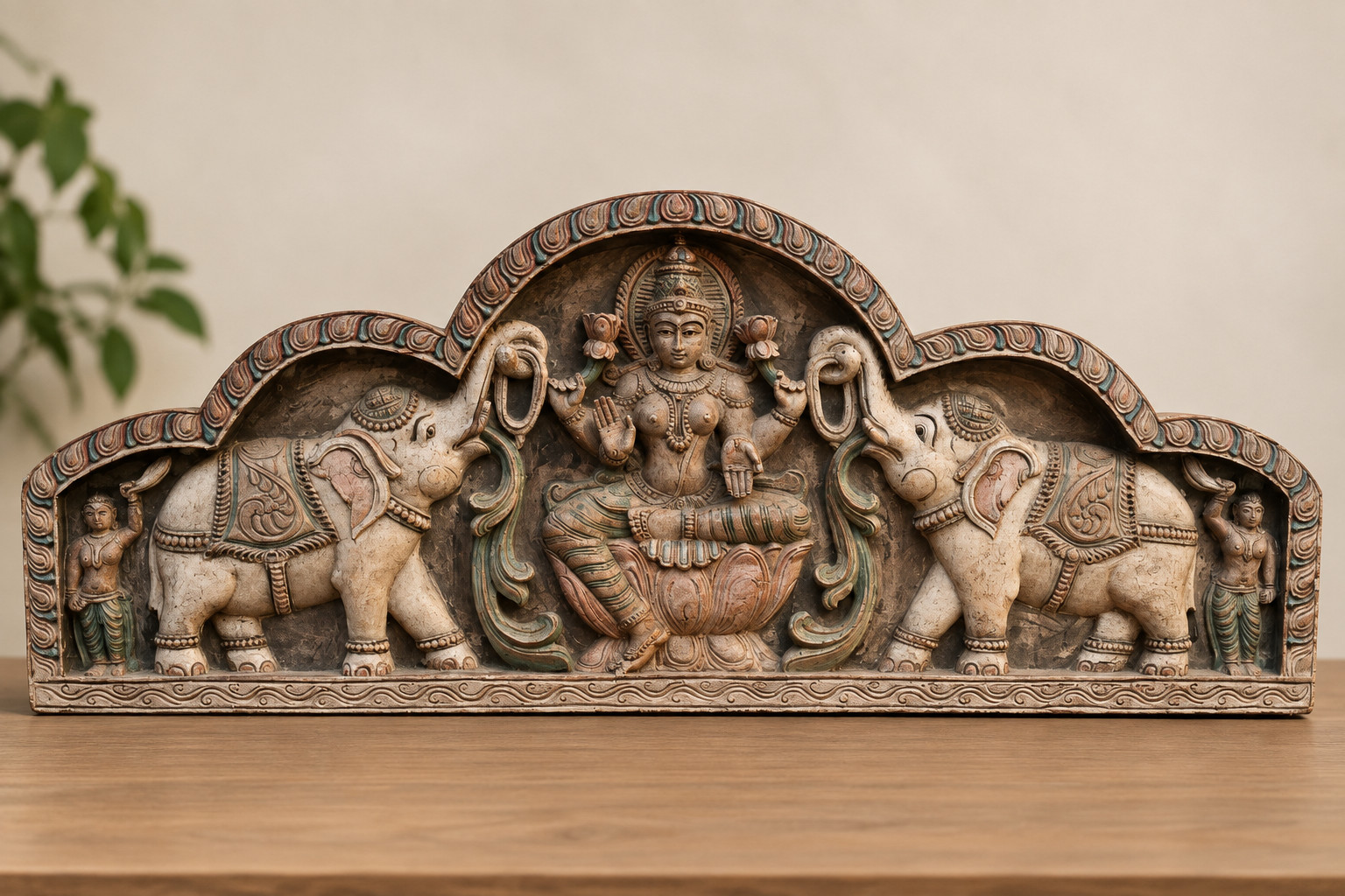 Gaja Lakshmi Wood Wall Panel 35” Hand Carved Hindu Goddess Elephants India