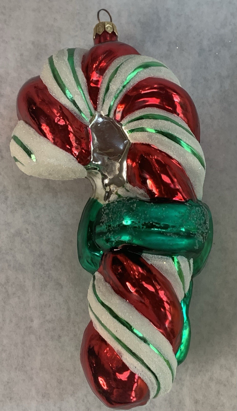 Vintage 1999 Christopher Radko Large Candy Cane Green Bow Glass Ornament