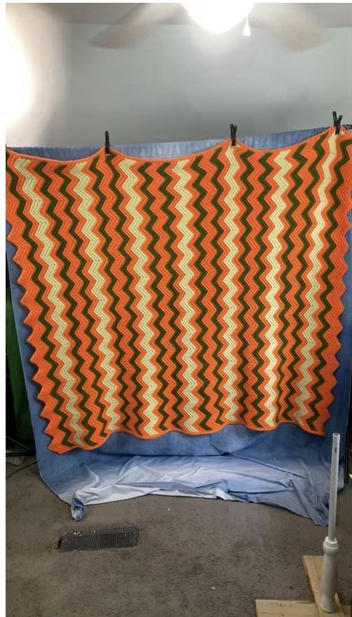Vtg 70s Chevron Crochet Afghan Blanket Orange Avocado Green Yellow Retro 62x68”