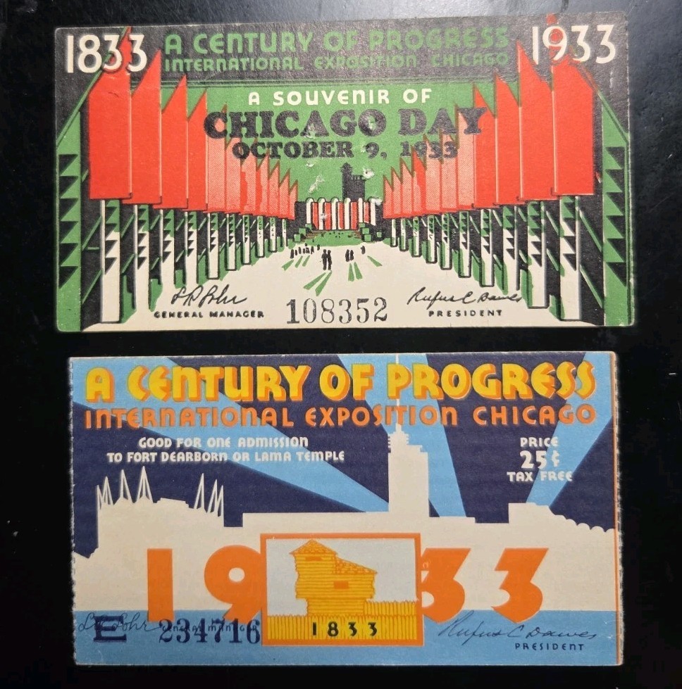 1933 Chicago World\'s Fair Chicago Day And 1934 Attendance Ticket Stubs