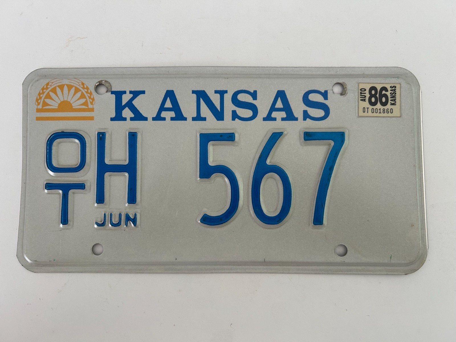1986 Kansas License Plate Natural Sticker 40 Years Old Nice Condition