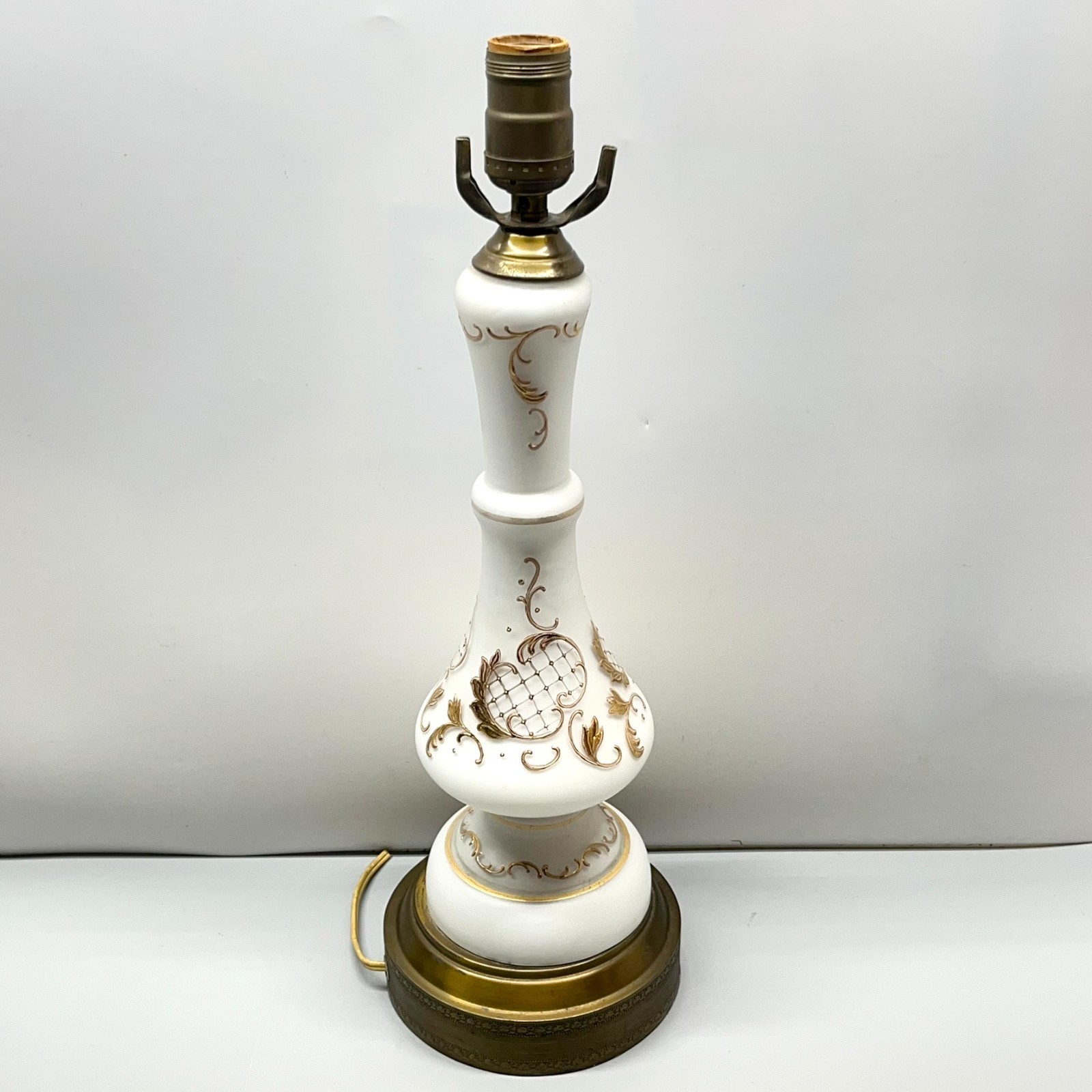 VTG 1950s Bavarian Bristol Satin White Milk Glass Table Lamp Gold Regency REPAIR VTG 1950s Bavarian Bristol Satin White Milk Glass Table Lamp Gold Regency REPAIR