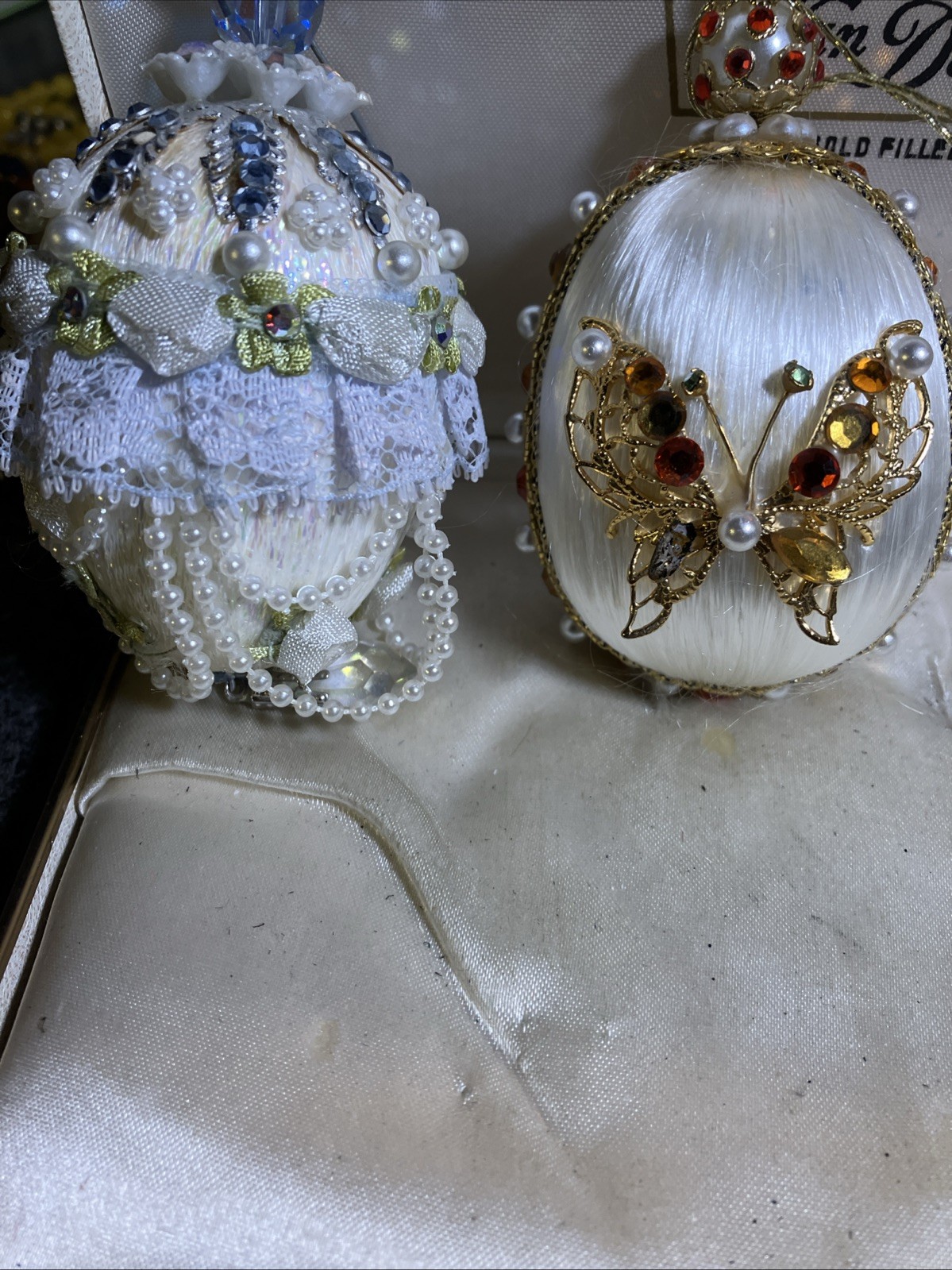 Vtg Handcrafted French Style Satin Egg Ornaments Set of 2  Sequins Pearl Beaded