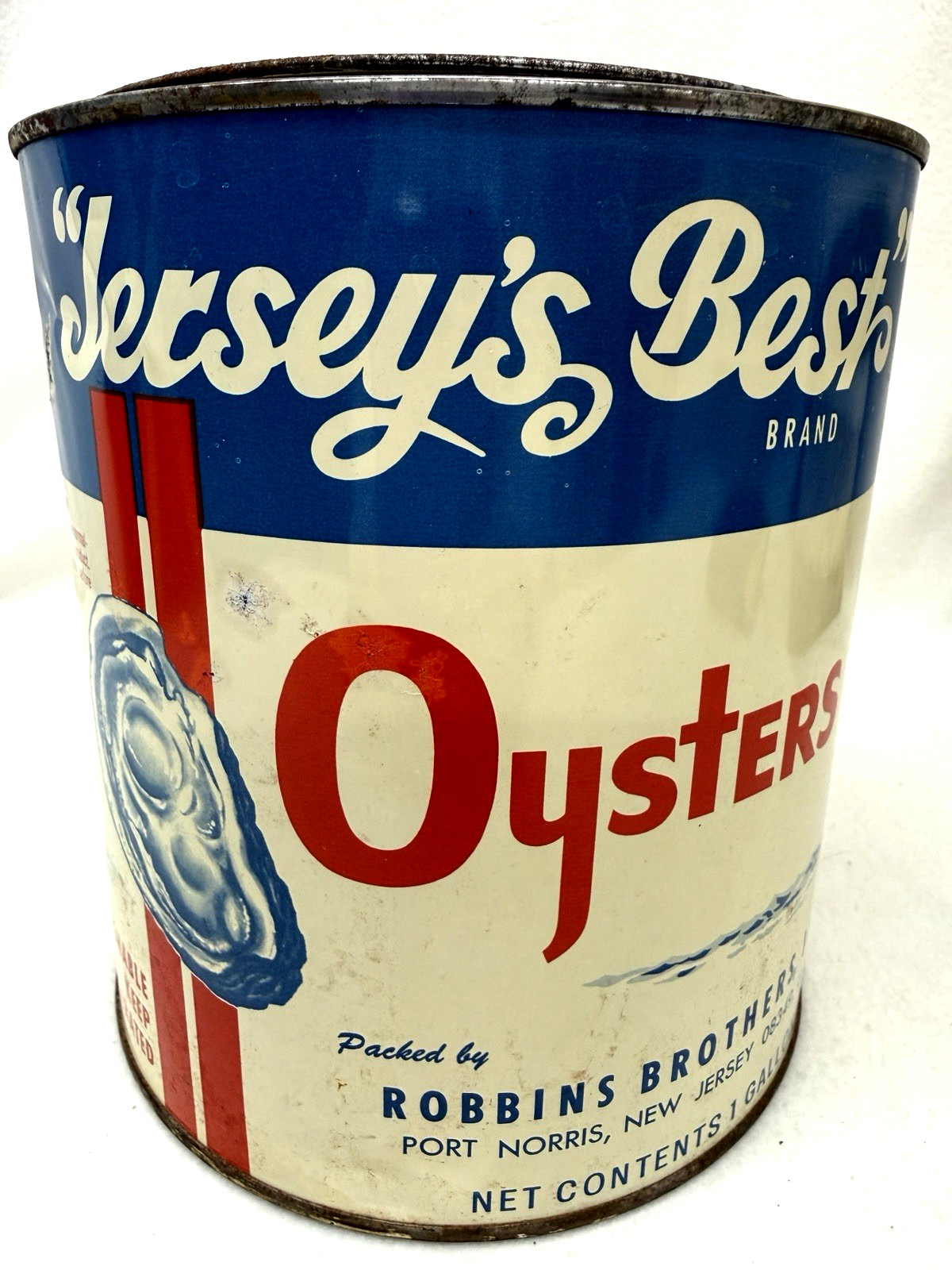 Vintage 1 Gallon Jersey's Best Oysters Tin Can w/Lid Robbins Brothers NJ Vintage 1 Gallon Jersey's Best Oysters Tin Can w/Lid Robbins Brothers NJ