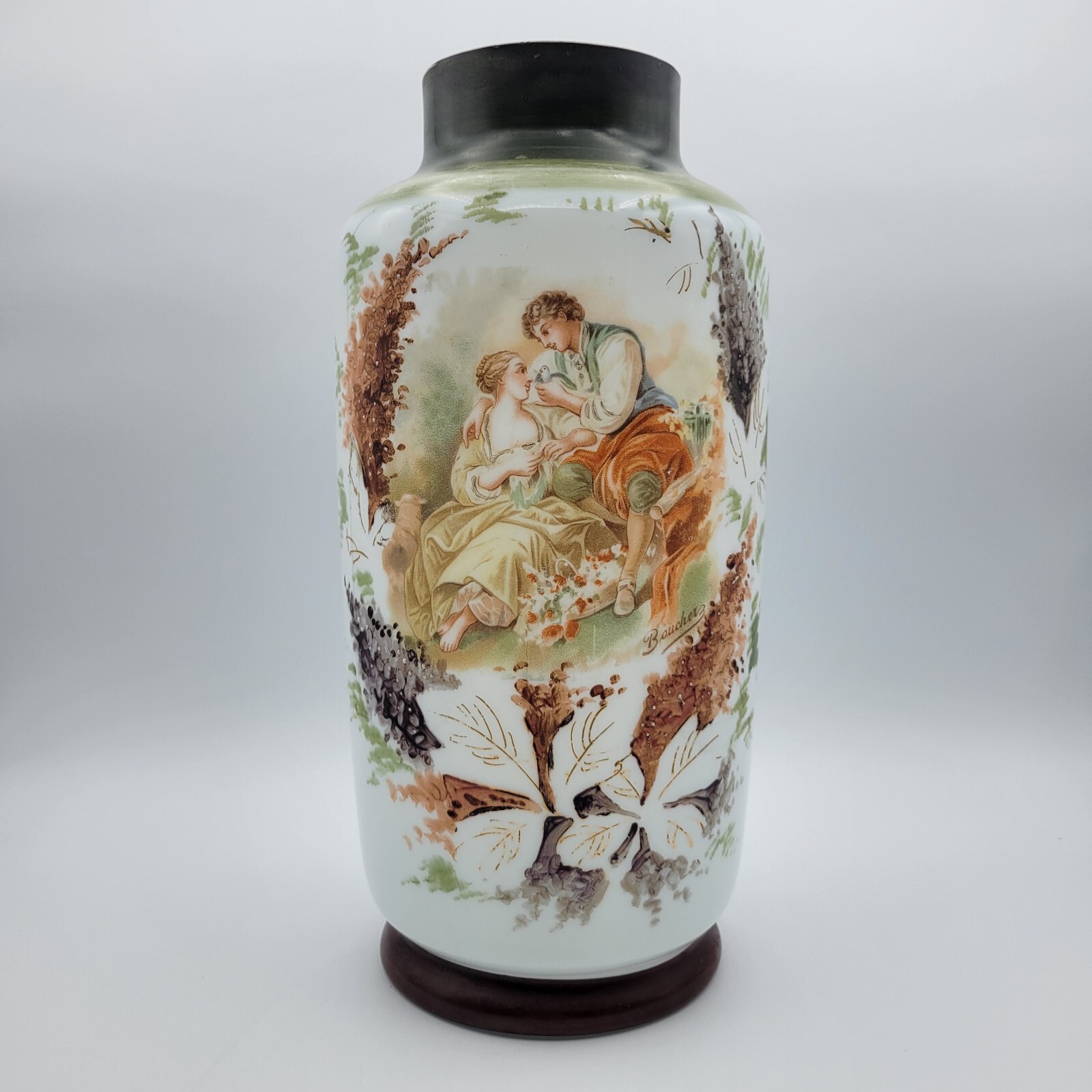 Antique Large Bristol Glass Vase FRANCOIS BOUCHER Signed Hand painted Accents
