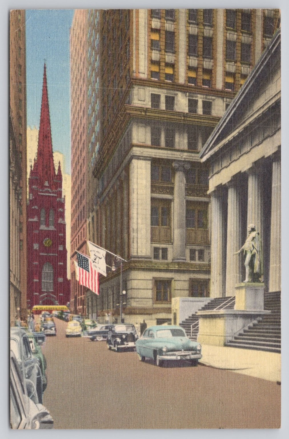 Wall Street Trinity Church NYC 1954 Postcard Vintage Cars Curteich Wall Street Trinity Church NYC 1954 Postcard Vintage Cars Curteich
