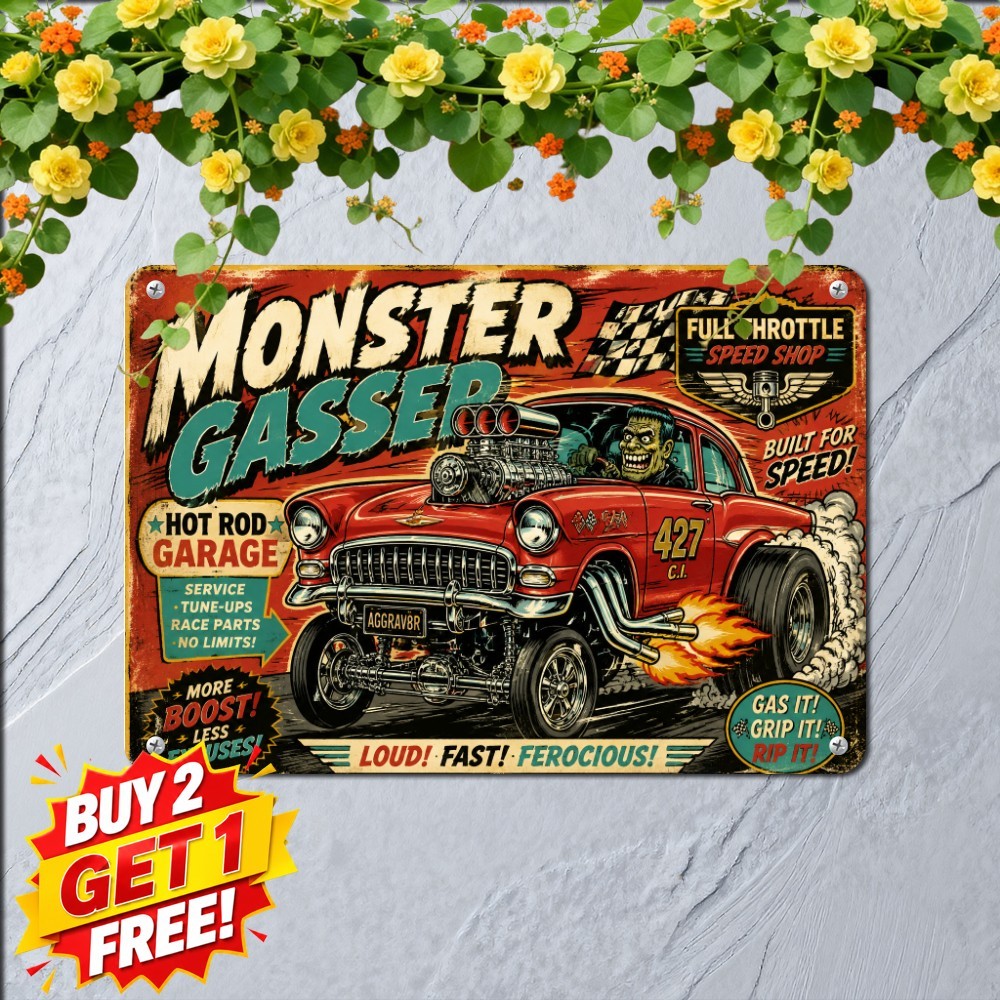 Vintage Cartoon Monster Dragster Sign Retro Hot Rod Auto Shop Metal Plaque 8x12