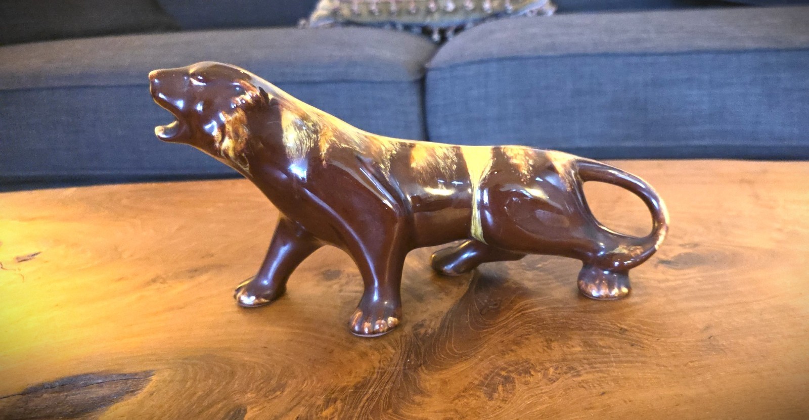 Vintage Ceramic Panther Figurine Brown Drip Glaze Mid Century Modern Decor