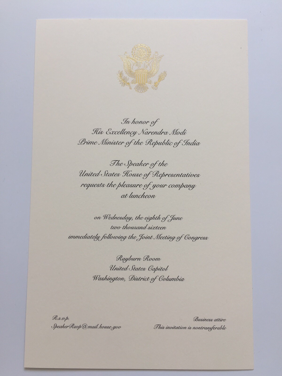 2016 Speaker Paul Ryan Luncheon Invitation India Prime Minister Narendra Modi 2016 Speaker Paul Ryan Luncheon Invitation India Prime Minister Narendra Modi