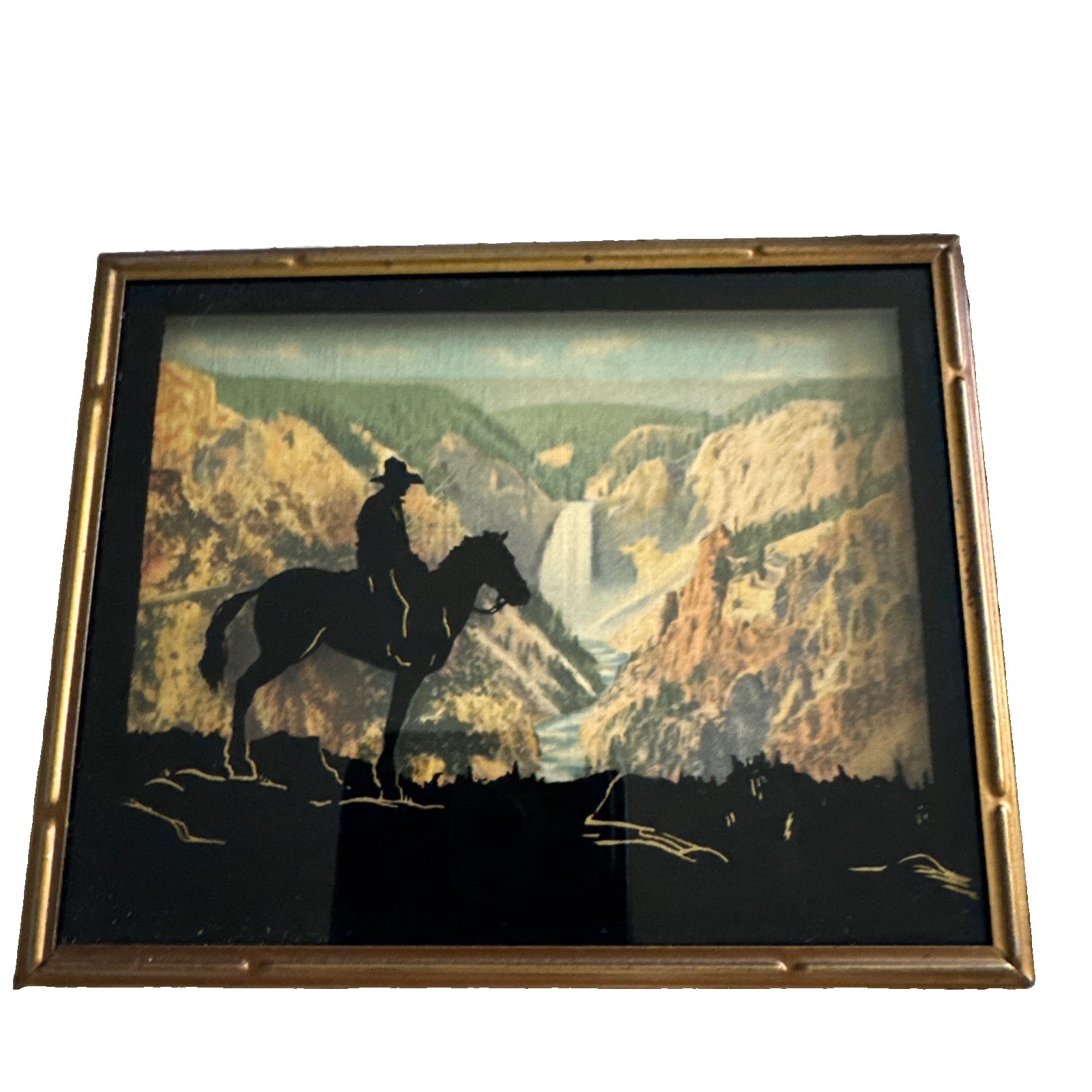 Vintage Haynes Yellowstone Park Wyoming Reverse Glass Cowboy Picture 5x4 Vintage Haynes Yellowstone Park Wyoming Reverse Glass Cowboy Picture 5x4