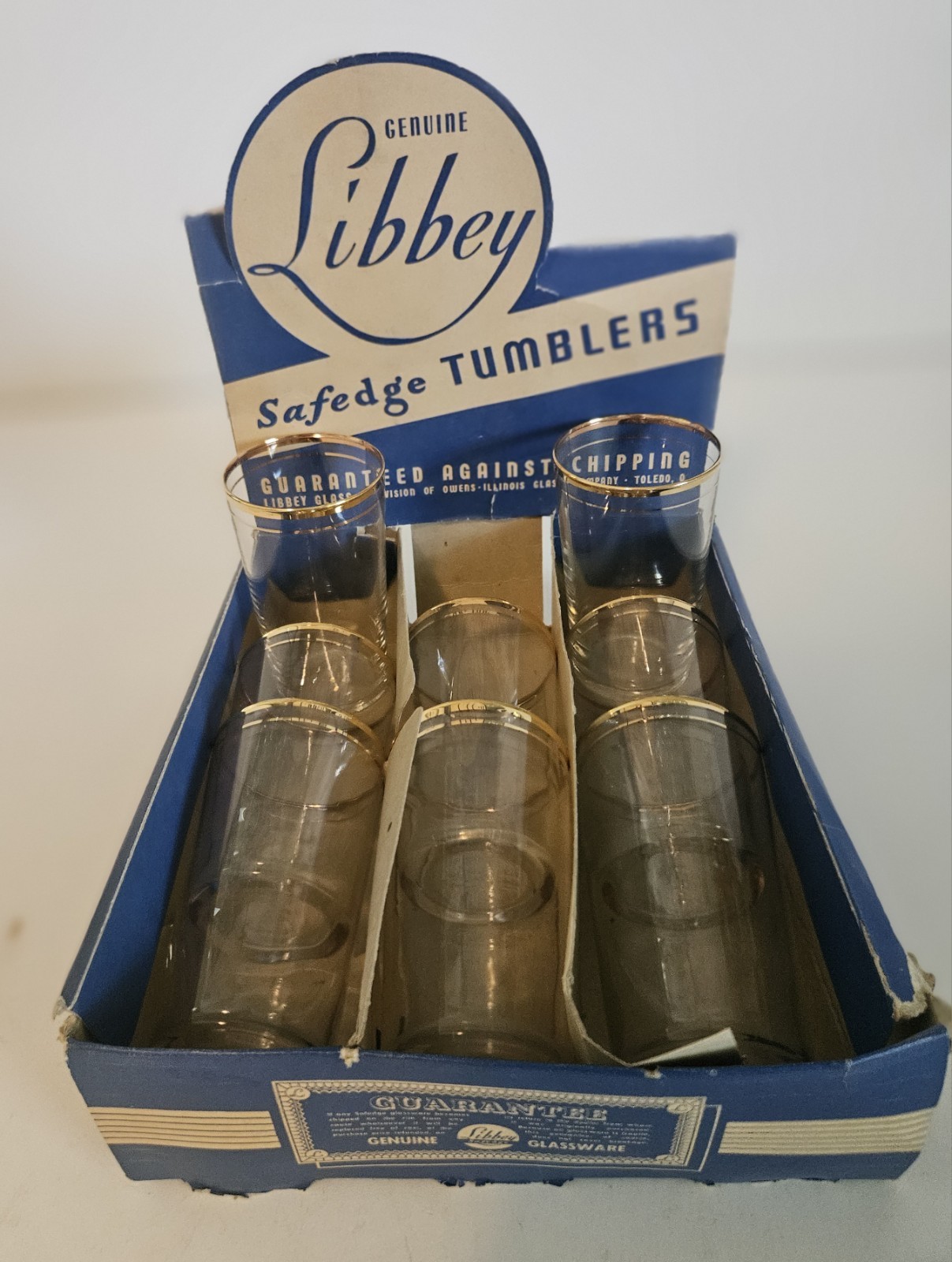 6 VTG Libbey Safedge Tumblers 22k Gold Rim Original Box w/Crocheted Coasters 60s 6 VTG Libbey Safedge Tumblers 22k Gold Rim Original Box w/Crocheted Coasters 60s