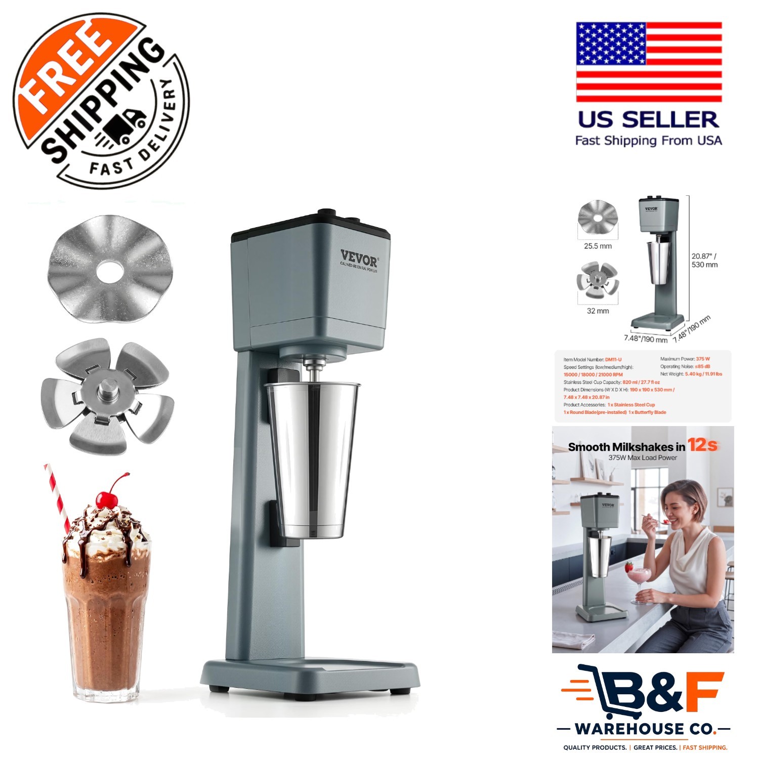 375W Electric Milkshake Maker with 820ml Stainless Steel Cup - 3-Speed Mixer