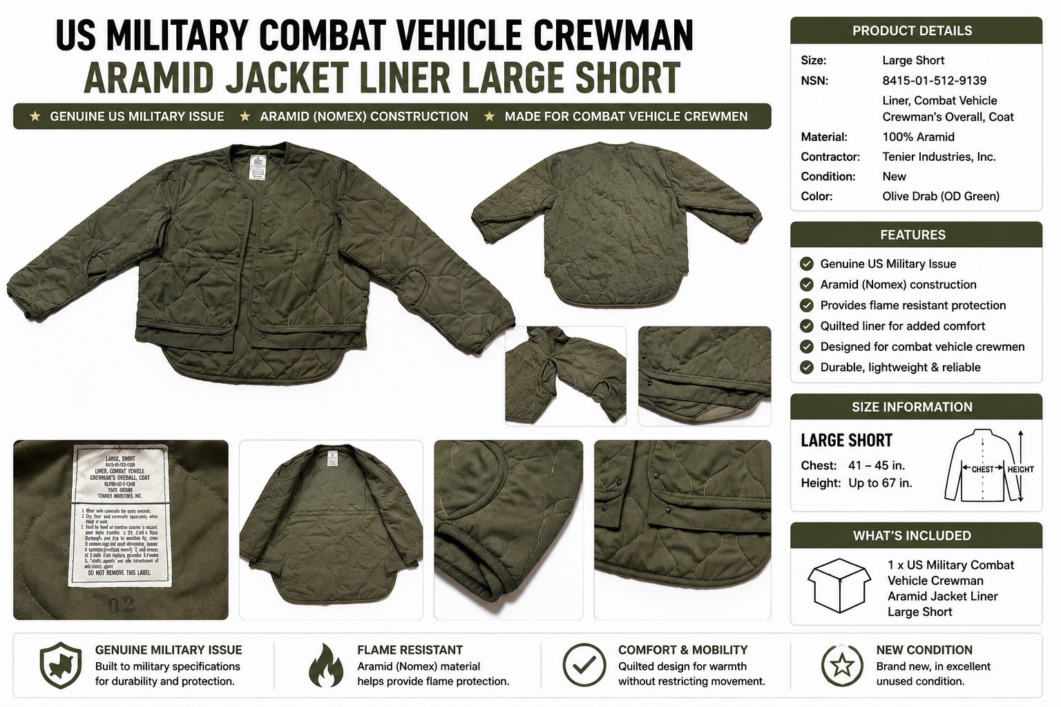 US Military Combat Vehicle Crewman Aramid Jacket Liner Large Short