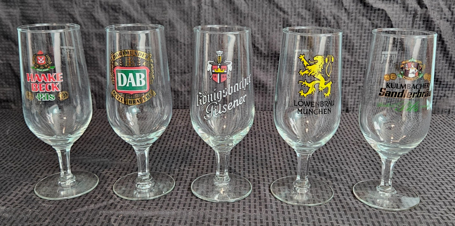 Vintage German Beer Glasses Stemmed Breweriana Barware Tasting Glasses Lot Of 5 Vintage German Beer Glasses Stemmed Breweriana Barware Tasting Glasses Lot Of 5