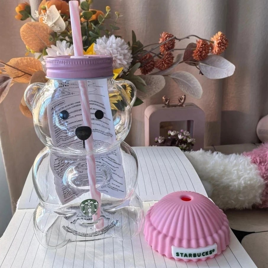 Starbucks Bearista Pink Bear Glass Tumbler Cold Cup Straw 20 oz 591 ml NIB 2026