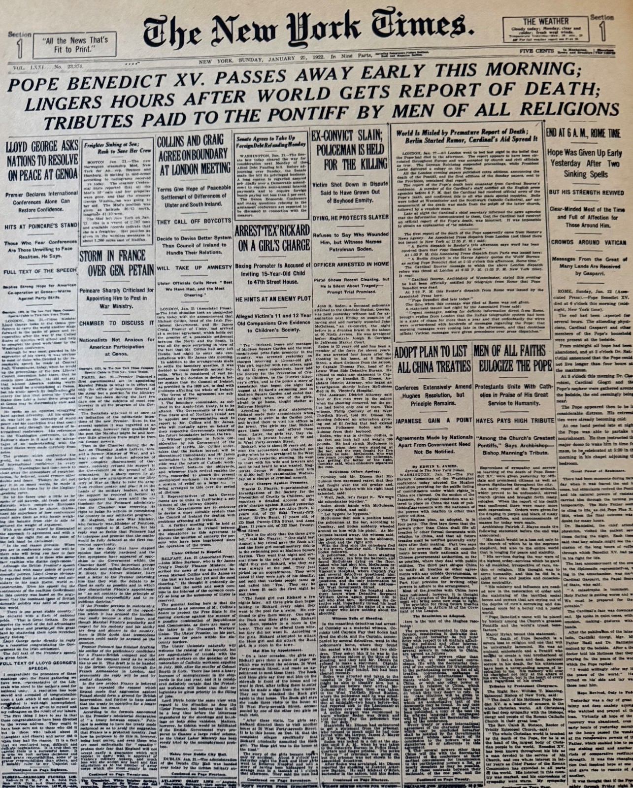 Vintage Pope Benedict XV Dies 1922 NEW YORK TIMES News Article Estate Sale Find