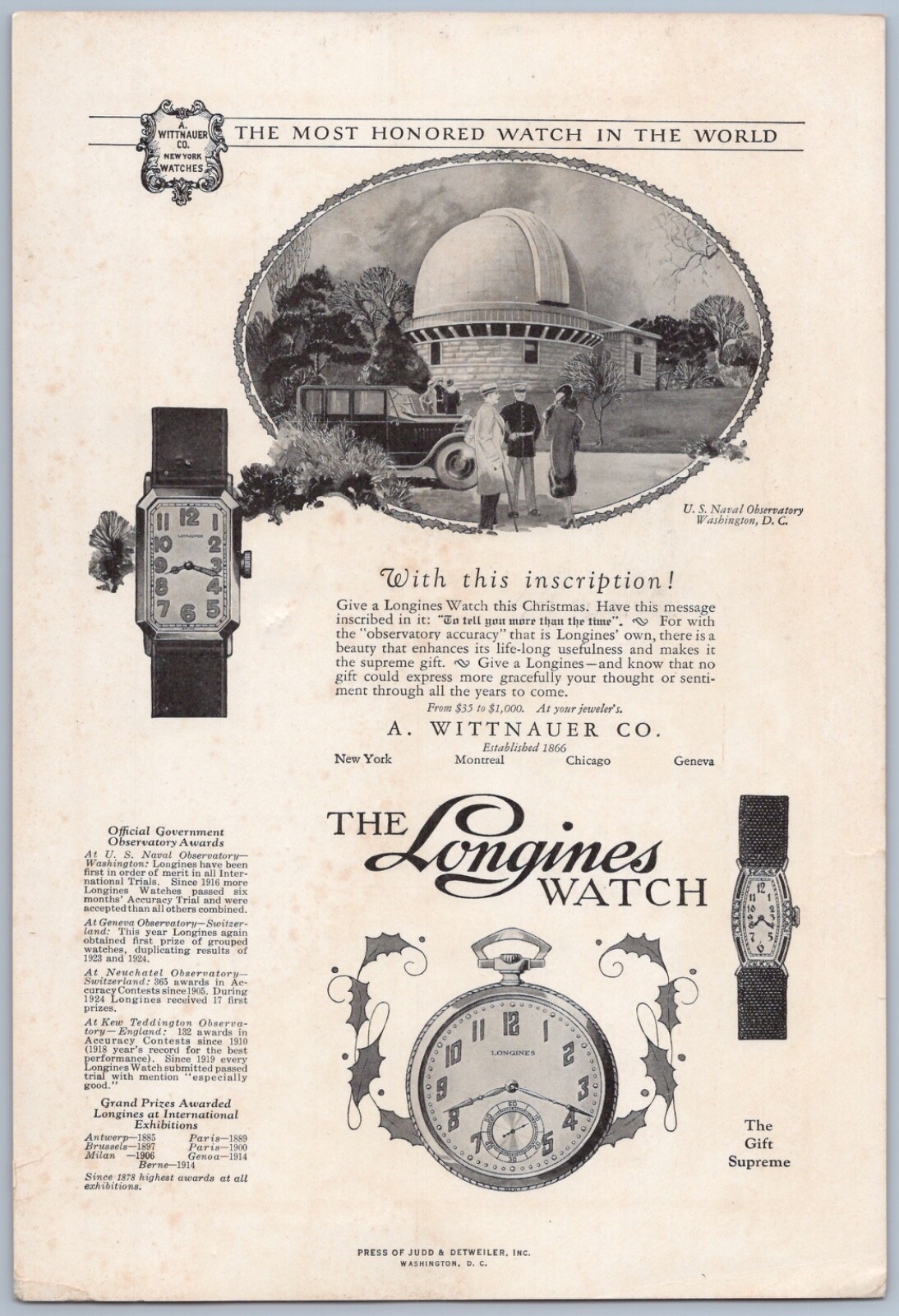1925 Wittnauer Longines Watch Vintage Ad Wristwatch US Naval Observatory