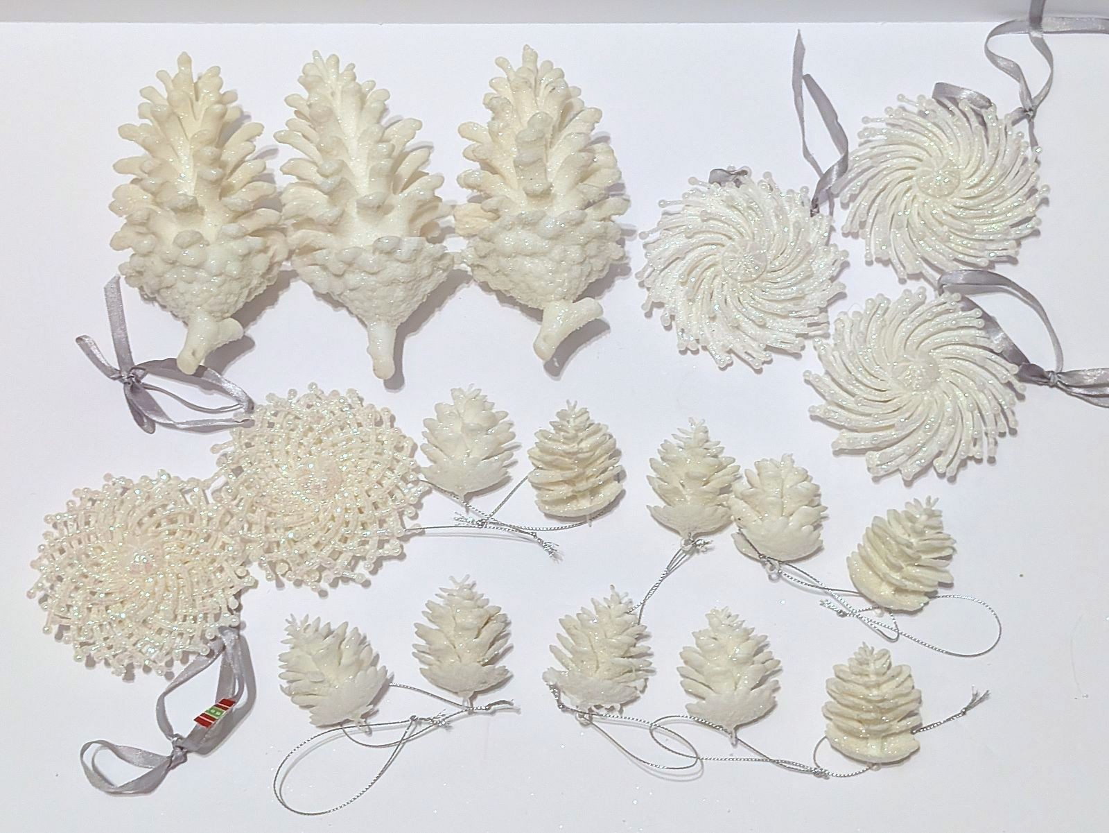 RARE VTG LOT OF Christmas Ornaments White Plastic Glitter Sparkle PINE Cones + RARE VTG LOT OF Christmas Ornaments White Plastic Glitter Sparkle PINE Cones +