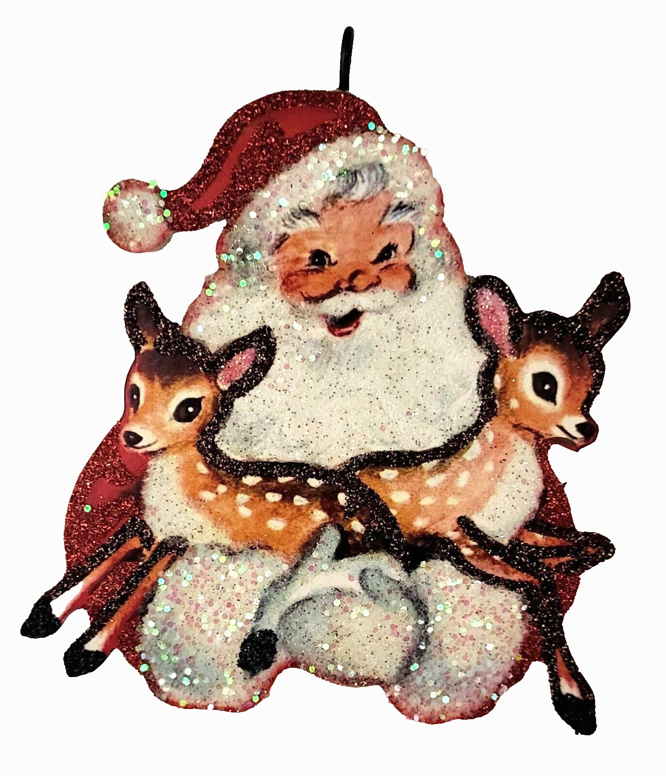 SANTA CLAUS Holding 2 YOUNG DEER  *  Glitter CHRISTMAS ORNAMENT * Vtg Img