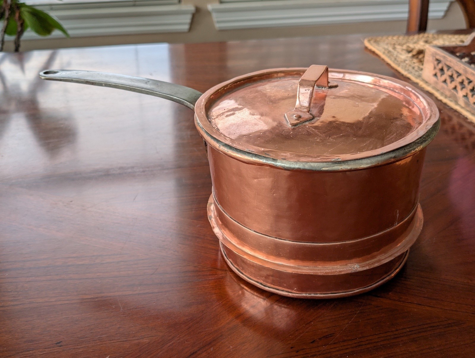Antique Copper Double Boiler Bottom Pot Lid Swedish Ring Base Saucepan