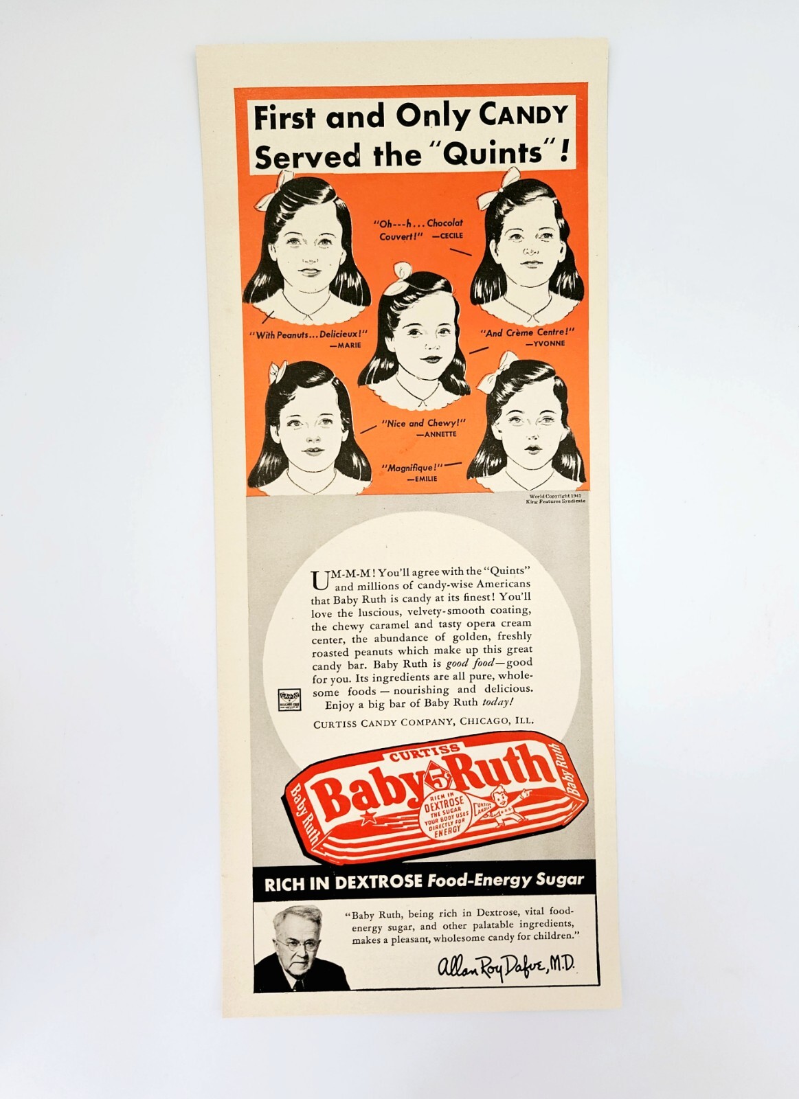Baby Ruth candy bar ad vintage 1941 Dionne Quintuplets original advertisement Baby Ruth candy bar ad vintage 1941 Dionne Quintuplets original advertisement
