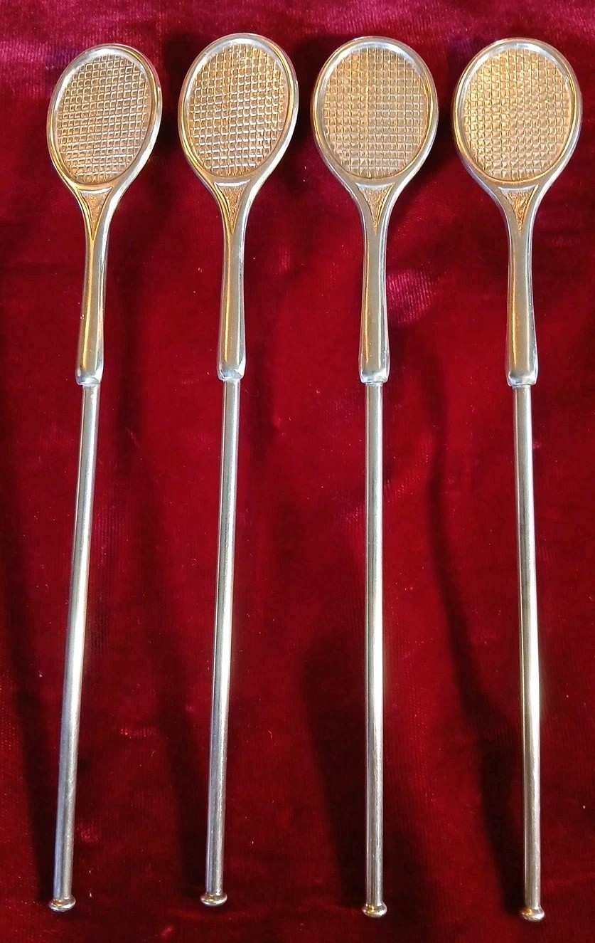 F.B. Rogers Denmark Silverplated Novelty Tennis Racquet Cocktail Stirrers Straws F.B. Rogers Denmark Silverplated Novelty Tennis Racquet Cocktail Stirrers Straws