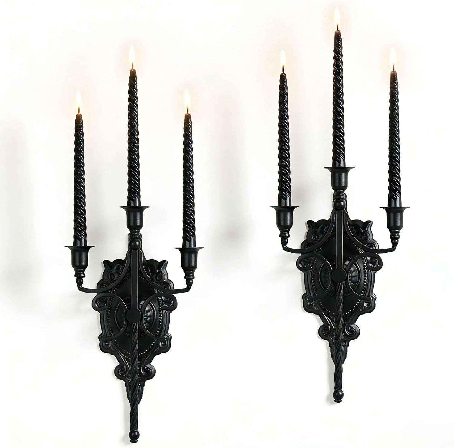 3-Arm Gothic Wall Sconce Set of Two, Victorian Metal Candle Holder for Taper Can 3-Arm Gothic Wall Sconce Set of Two, Victorian Metal Candle Holder for Taper Can