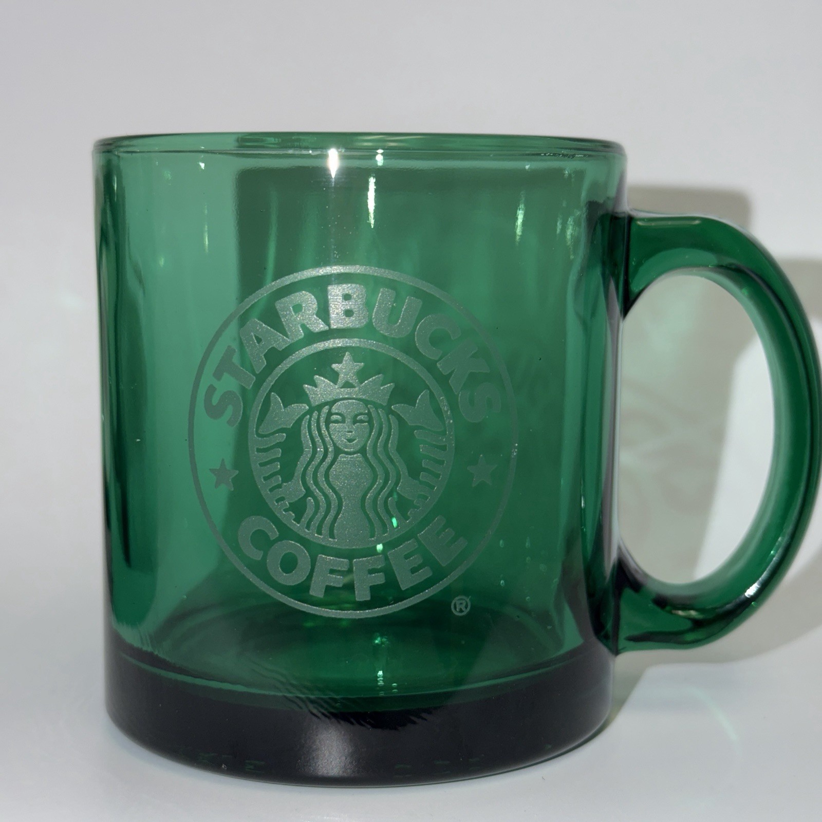 2 Vtg 90s Starbucks Emerald Green Glass Coffee Mug Etched Siren Logo Made In USA