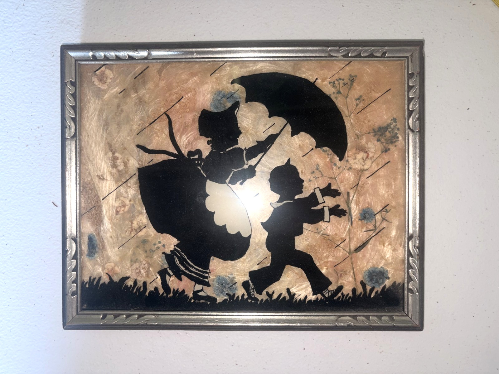 Vintage Glass Milkweed/ Wildflower Framed Silhouette- Mother and Child