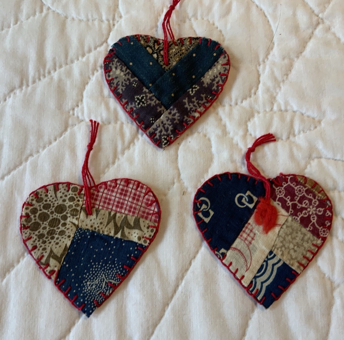 Three Heart Ornaments, Hand Made, Antique Quilt Top, Early Calicos Three Heart Ornaments, Hand Made, Antique Quilt Top, Early Calicos