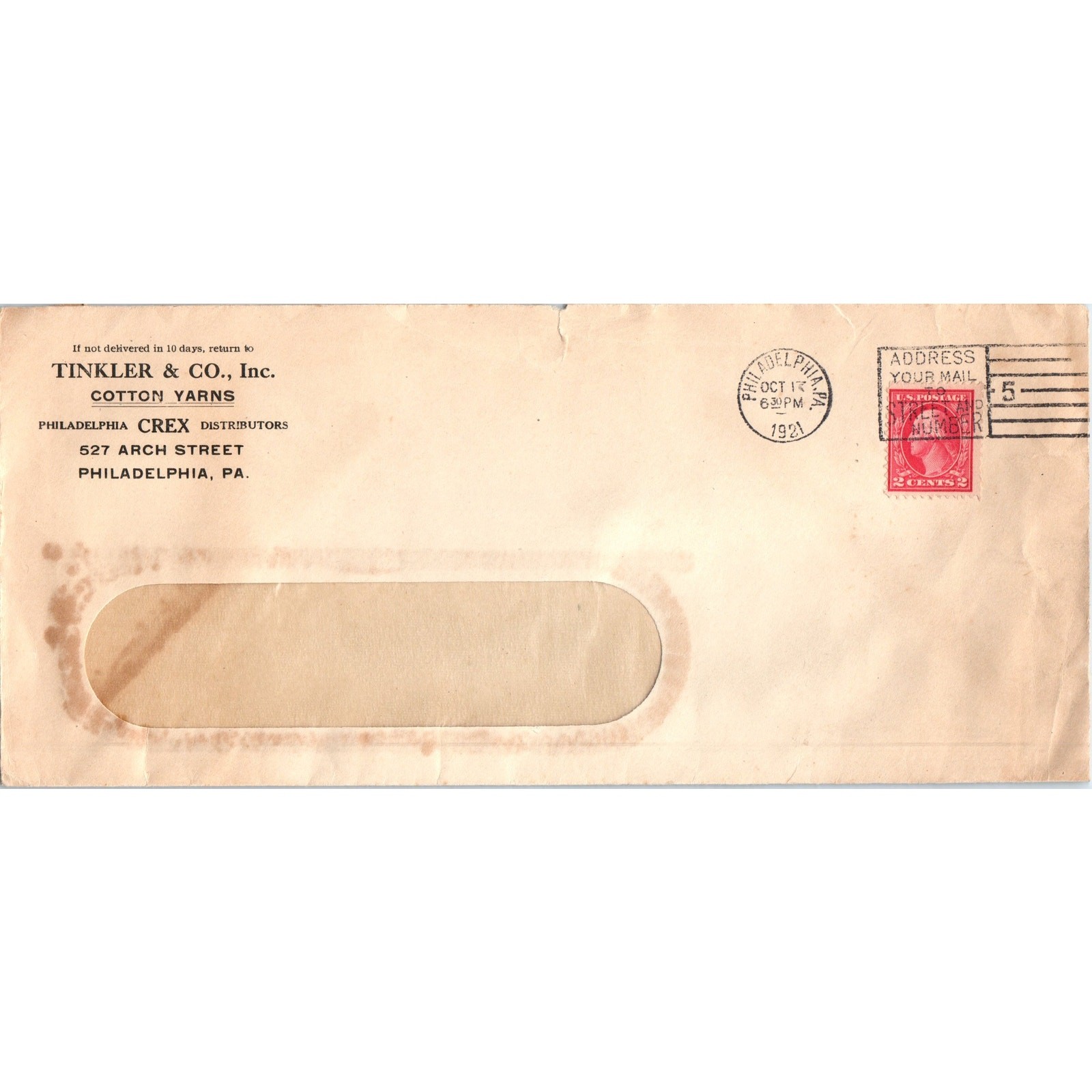 1921 Tinkler & Co Inc Cotton Yarns Philadelphia PA Postal Cover Envelope L3-6 1921 Tinkler & Co Inc Cotton Yarns Philadelphia PA Postal Cover Envelope L3-6