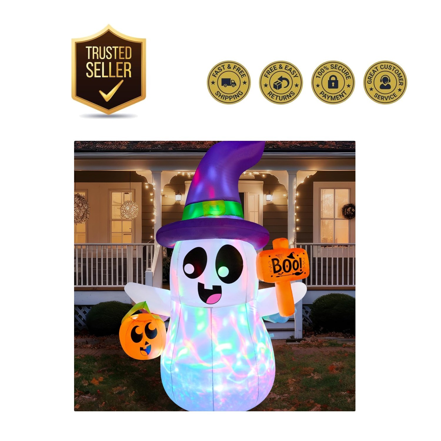 Festive 5 FT Ghost Inflatable with Pumpkin Basket & Multicolor Rotating Lights Festive 5 FT Ghost Inflatable with Pumpkin Basket & Multicolor Rotating Lights
