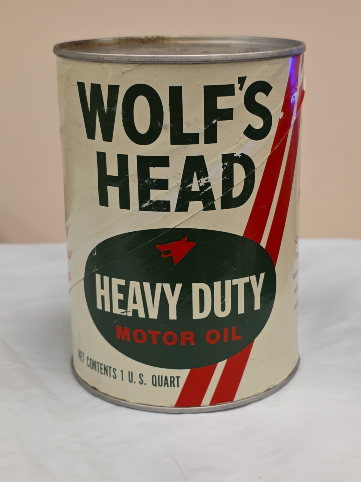 1950s WOLF’S HEAD Heavy Duty Motor Oil Can Gas EMPTY Sealed Quart SAE30 Nice OLD