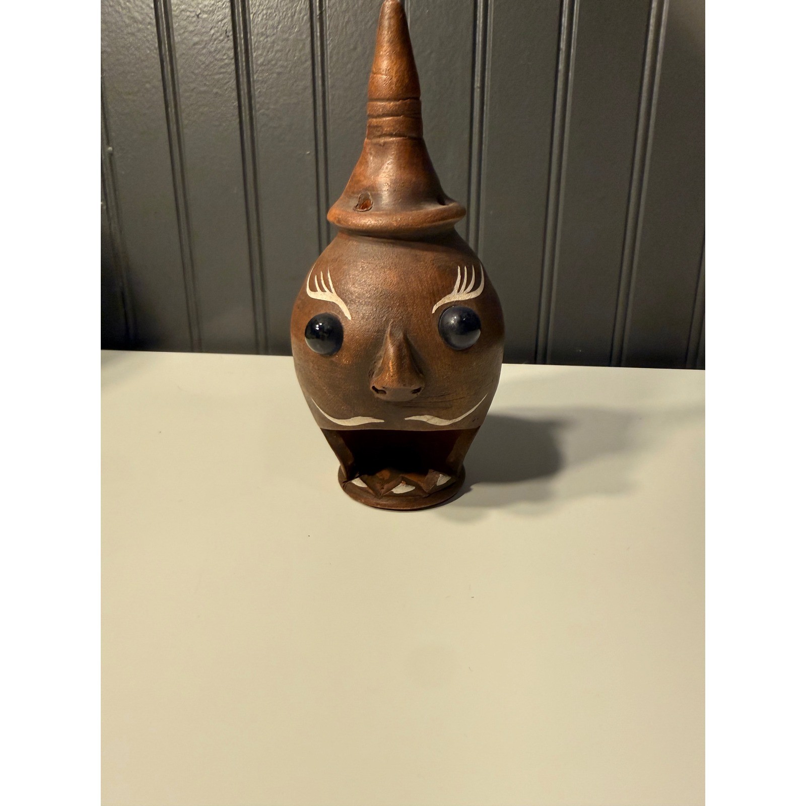 Vintage Folk Art Clay Pottery Face Vessel Blue Glass Eyes Pointed Hat 7.5 Inch Vintage Folk Art Clay Pottery Face Vessel Blue Glass Eyes Pointed Hat 7.5 Inch