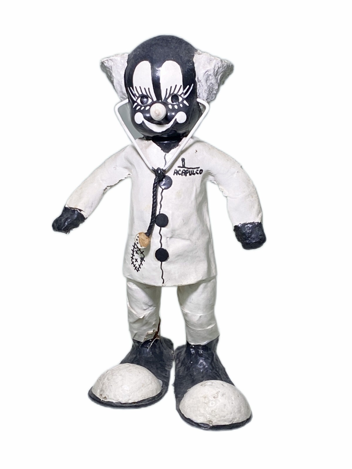 5.5” Circus Clown Figurine Black White Doctor Vtg Acapulco Souvenir Mexico Folk