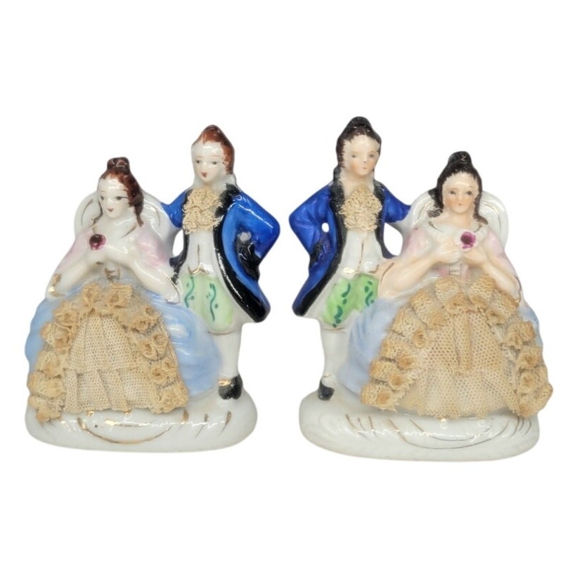 Vintage Japan Porcelain 2 Figurines Victorian Man Woman Pair Lace Romantic Décor