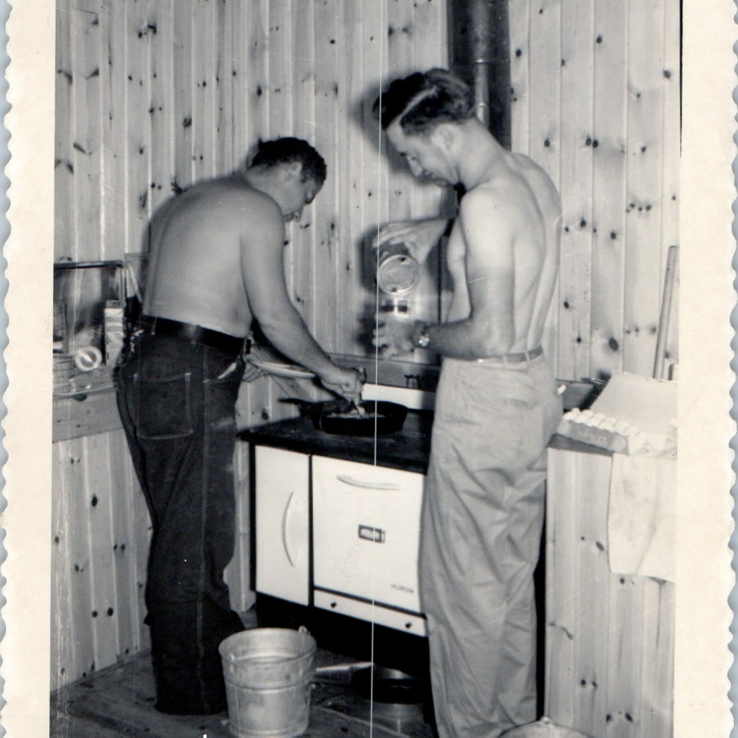 c1950s Shirtless Men Cooking Huron Wood Stove Cabin Kitchen Snapshot Photo 6\ c1950s Shirtless Men Cooking Huron Wood Stove Cabin Kitchen Snapshot Photo 6\