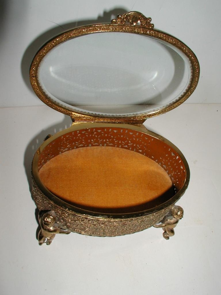 Antique French Beveled Glass Gold Gilt Filigree Ormolu Jewelry Box Casket cherub