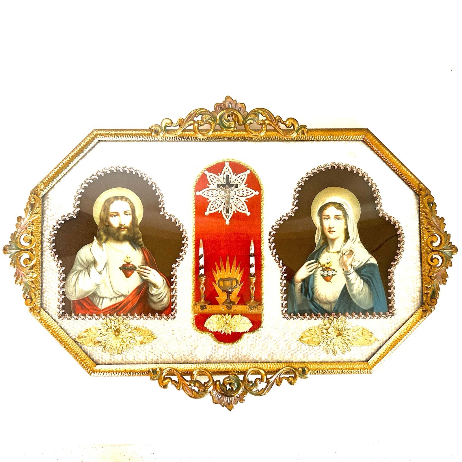 Vtg Art Nouveau Brass Oval Convex Bubble Glass Picture Frame w Religious Decor