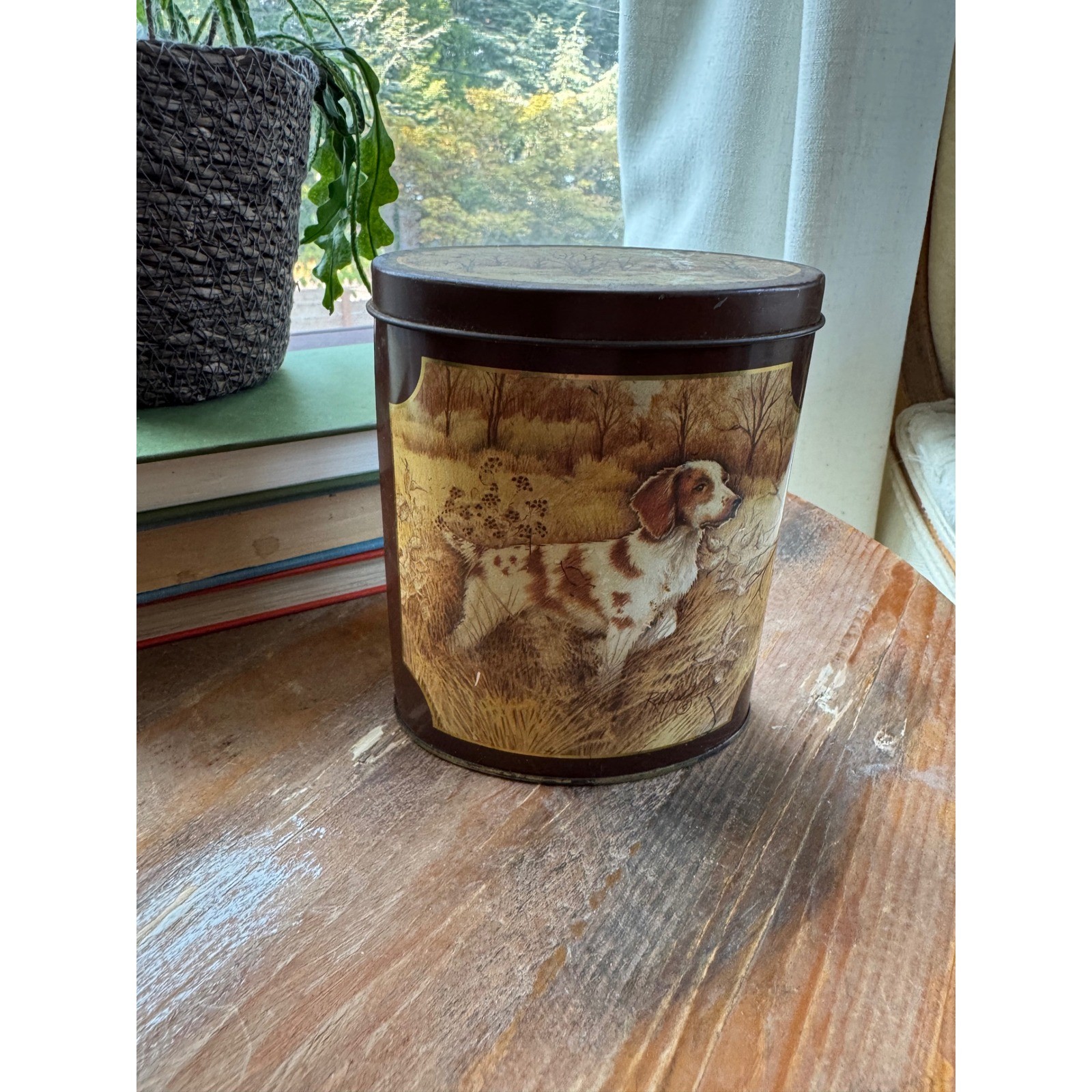 Vintage Hunting Dog Brittany Spaniel Oval Metal Tin Autumn Landscape 5 Inch Vintage Hunting Dog Brittany Spaniel Oval Metal Tin Autumn Landscape 5 Inch