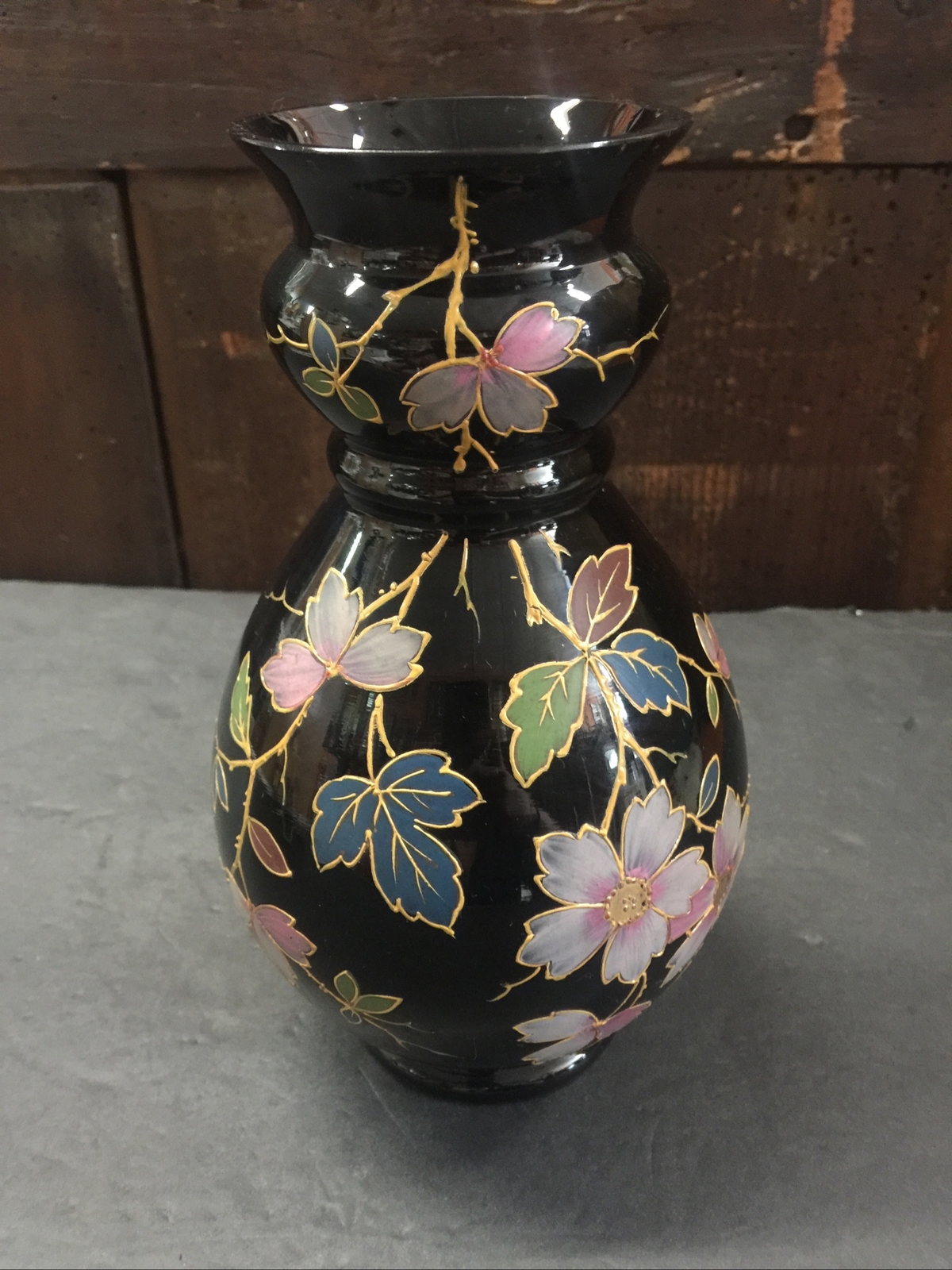 Vintage Victorian Large Black Gilded Dark Academia Floral Flower Bristol Vase Vintage Victorian Large Black Gilded Dark Academia Floral Flower Bristol Vase