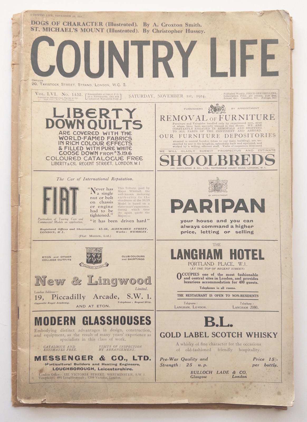 1924 Country Life Magazine Fiat Liberty London Ads,  Envelope RARE