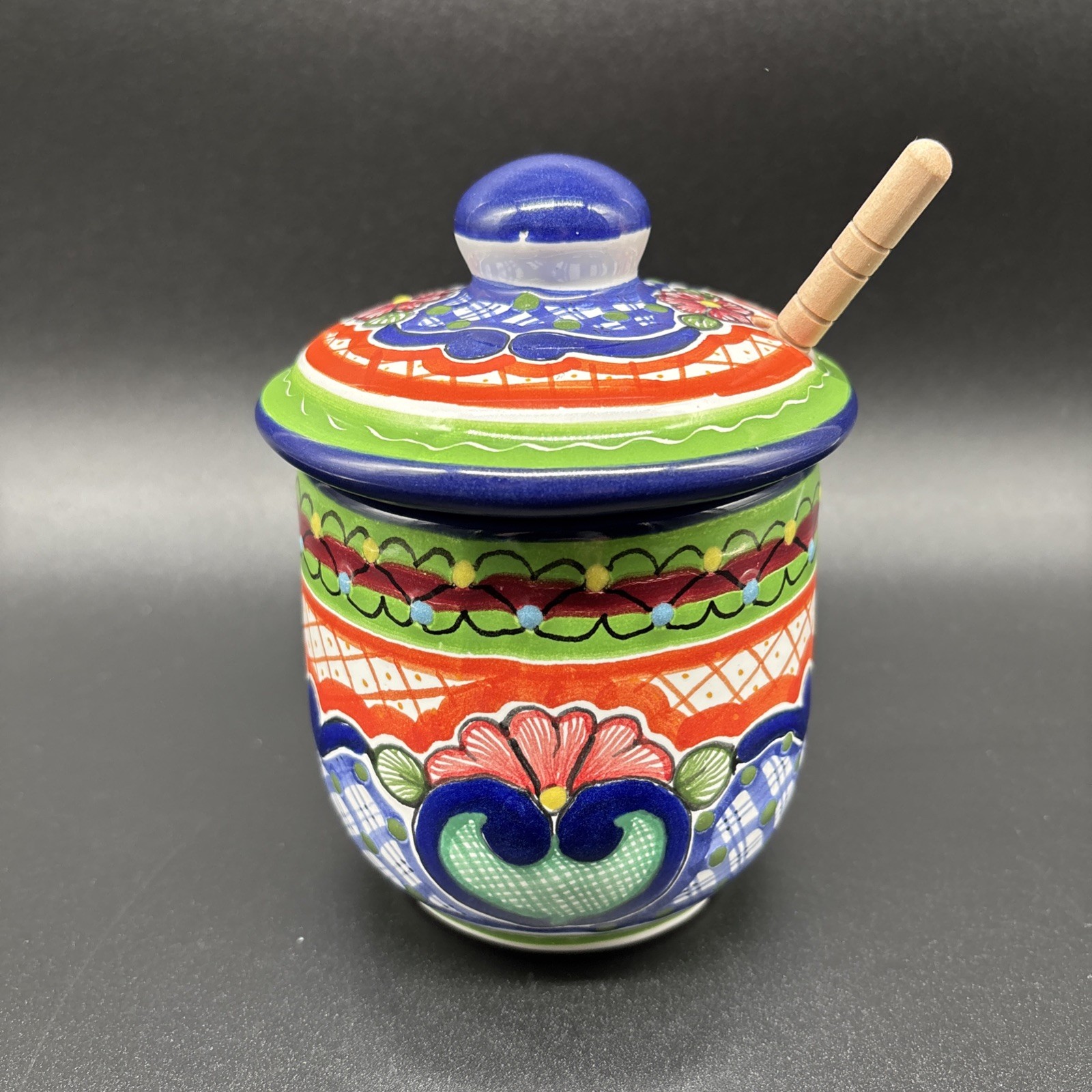 Arte Cruz Talavera Mexican Pottery Honey Pot W/ Wood Dipper Mielera 5.5 Arte Cruz Talavera Mexican Pottery Honey Pot W/ Wood Dipper Mielera 5.5