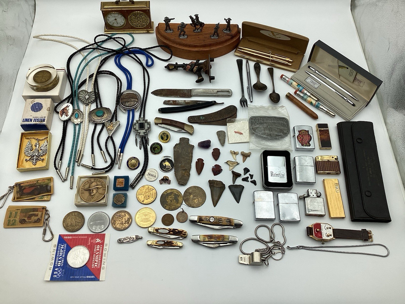 Vintage Junk Drawer Lot Mixed- Zippos Bolo Ties Medals Knives Cross Pens + Vintage Junk Drawer Lot Mixed- Zippos Bolo Ties Medals Knives Cross Pens +