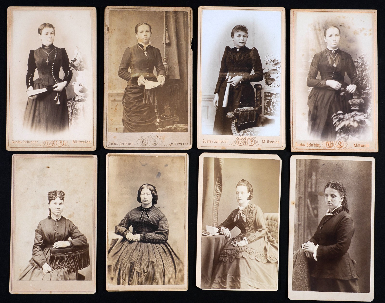 1860-70s - Women 3/4 Length Portraits - Lot of 8 CDV Carte de Visite Photos
